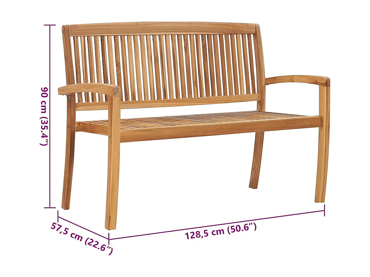 Banco de jardín apilable y cojín madera maciza de teca 128,5 cm