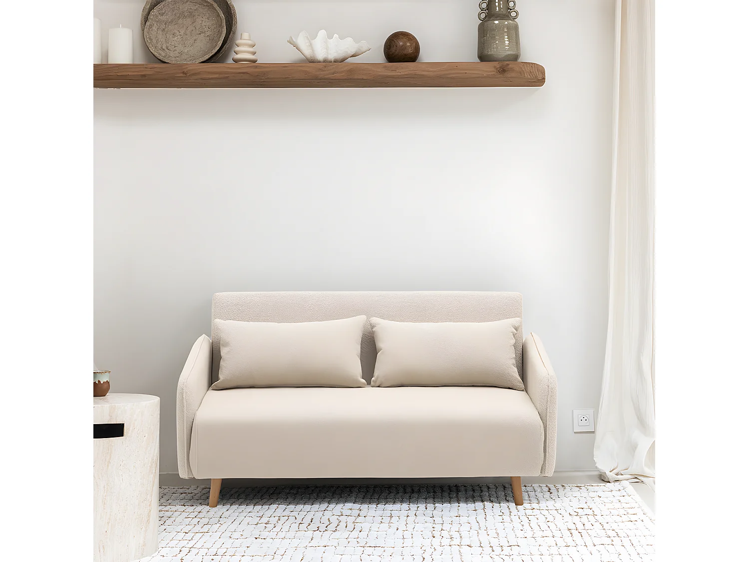 Monica - Canapé convertible 2 places en tissu bouclette L140cm - Écru chiné