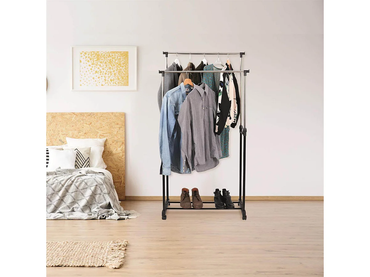 VICKY - Portant Double Réglable à Roulettes Noir et Chrome