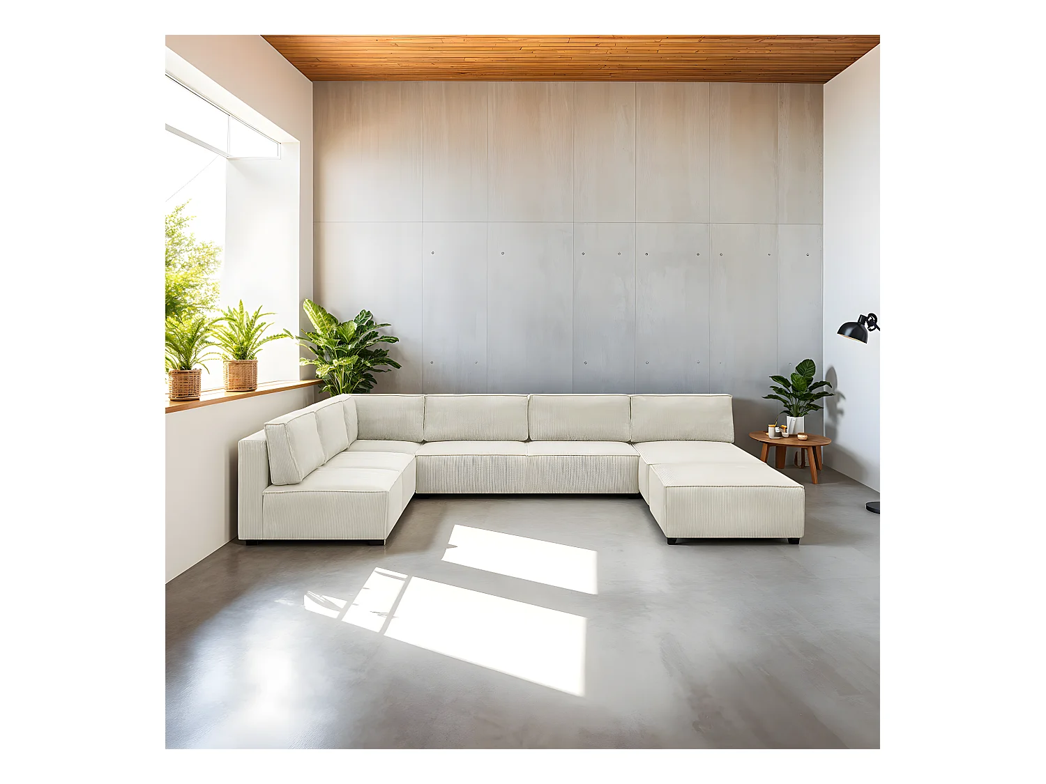 Canapé d'angle à gauche panoramique modulable convertible 10 places avec pouf en velours côtelé beige - Harper Mod