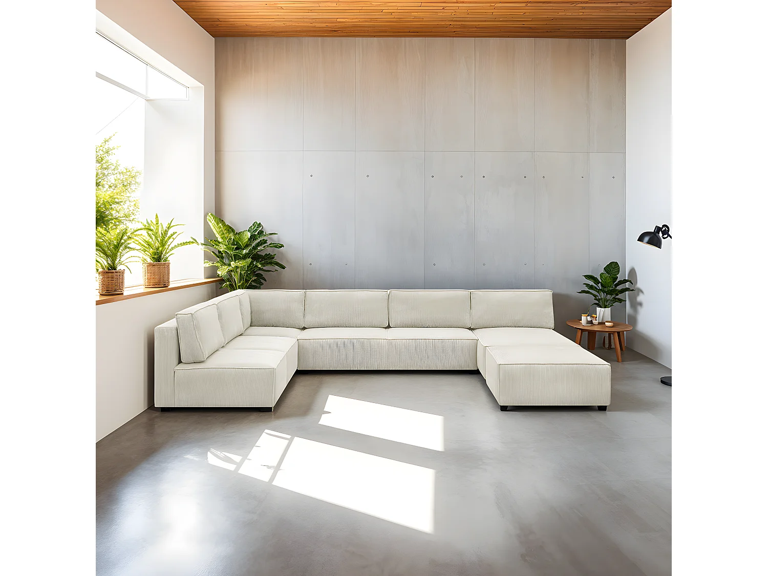 Canapé d'angle à gauche panoramique modulable convertible 10 places avec pouf en velours côtelé beige - Harper Mod