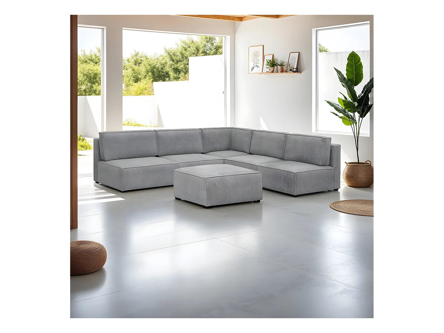 Canapé d'angle à droite modulable 8 places avec pouf en velours côtelé gris clair - Harper Mod