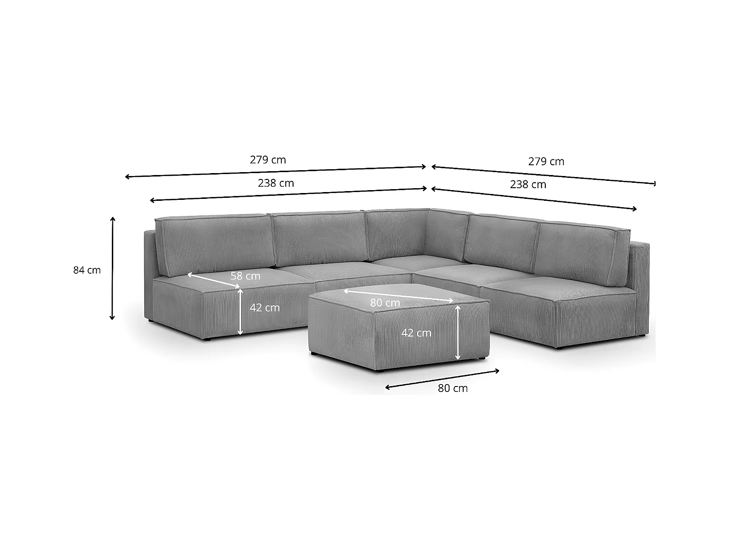 Canapé d'angle à droite modulable 8 places avec pouf en velours côtelé gris clair - Harper Mod