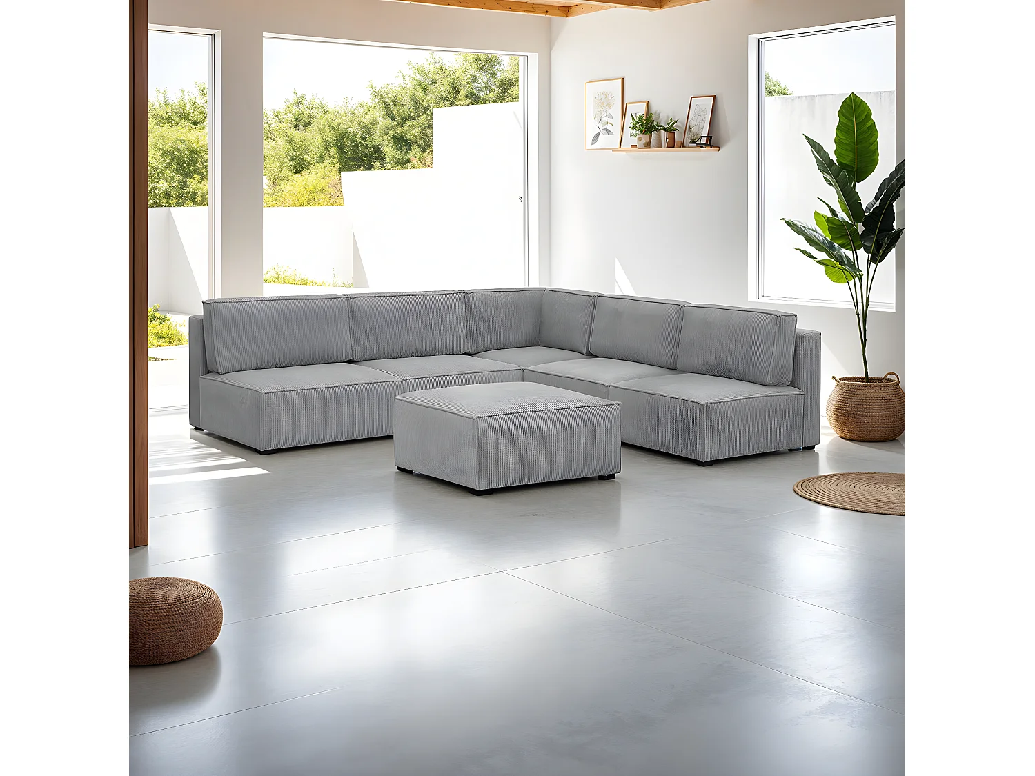 Canapé d'angle à droite modulable 8 places avec pouf en velours côtelé gris clair - Harper Mod