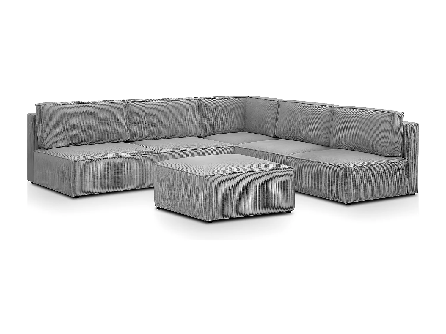 Canapé d'angle à droite modulable 8 places avec pouf en velours côtelé gris clair - Harper Mod