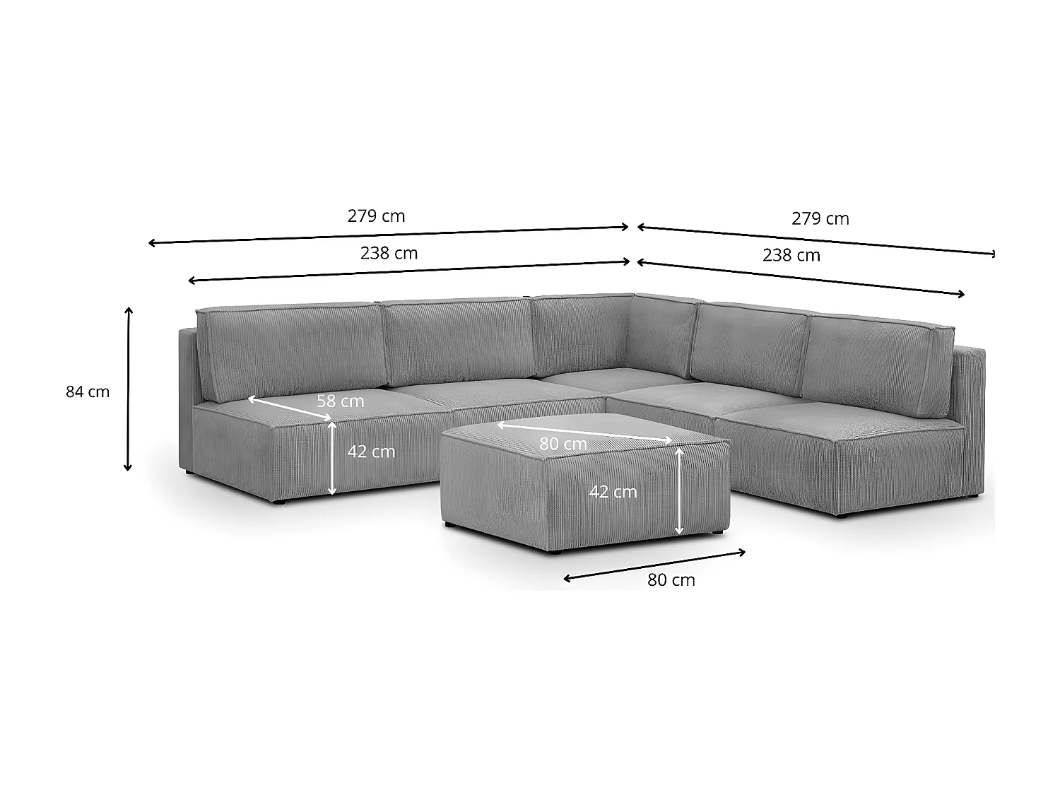 Canapé d'angle à droite modulable 8 places avec pouf en velours côtelé gris clair - Harper Mod
