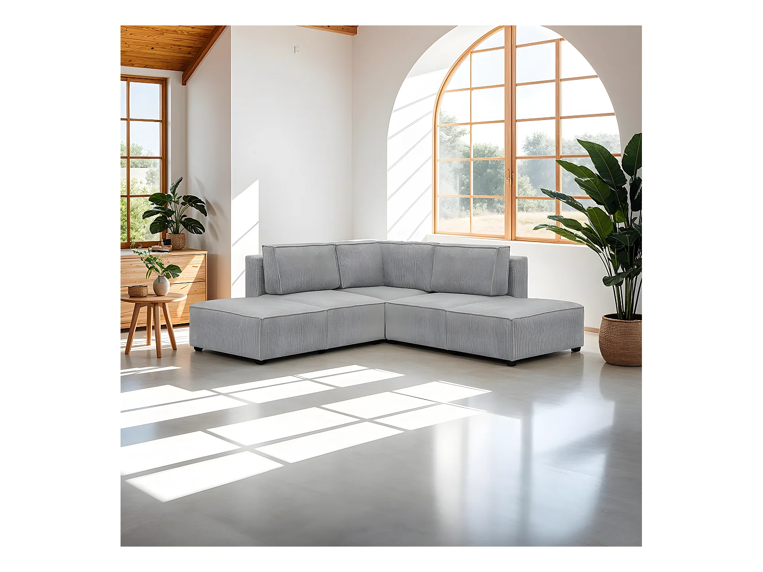 Canapé d'angle à droite modulable 4 places avec 2 poufs en velours côtelé gris clair - Harper Mod