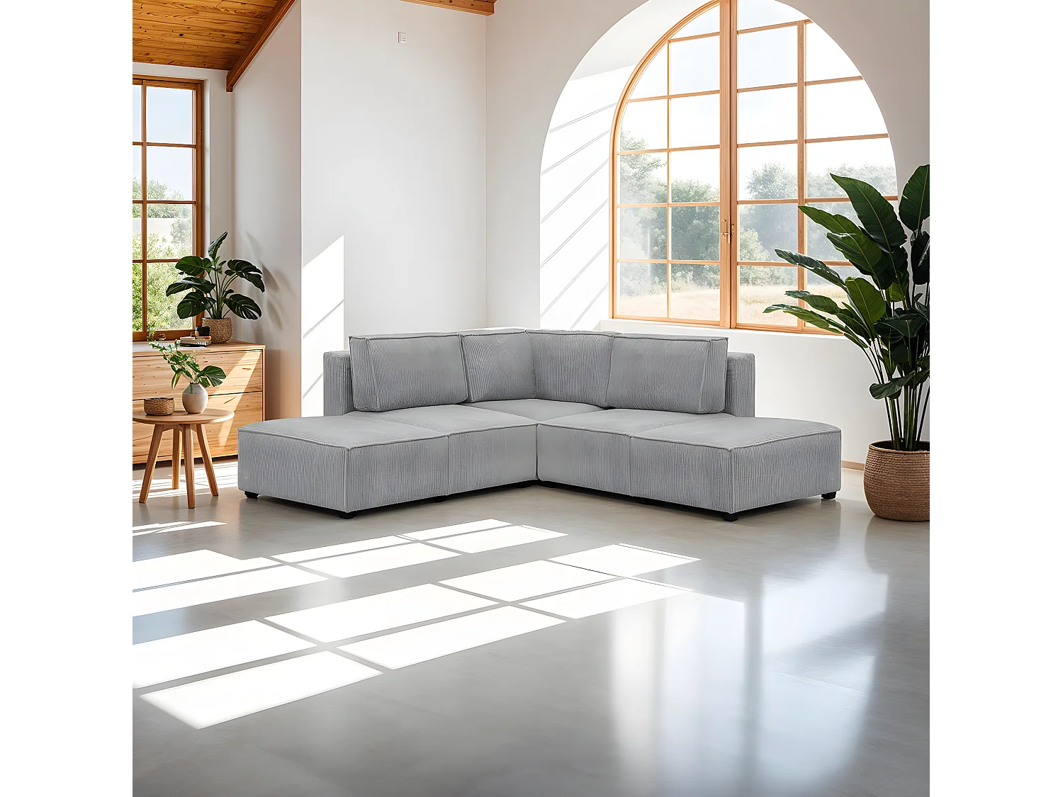 Canapé d'angle à droite modulable 4 places avec 2 poufs en velours côtelé gris clair - Harper Mod