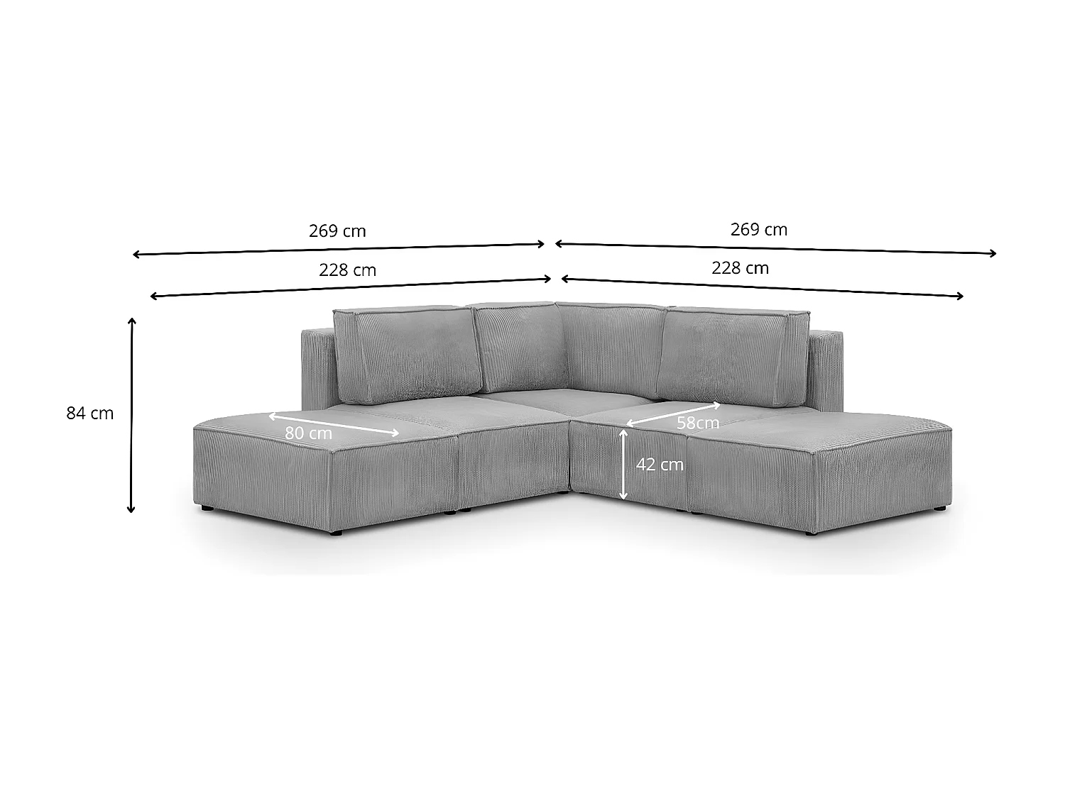 Canapé d'angle à droite modulable 4 places avec 2 poufs en velours côtelé gris clair - Harper Mod