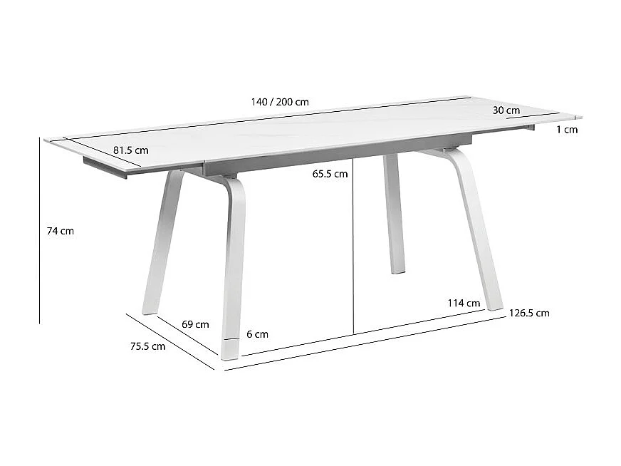 Table extensible 140/200 cm céramique blanc marbré et métal - TOSHIRO