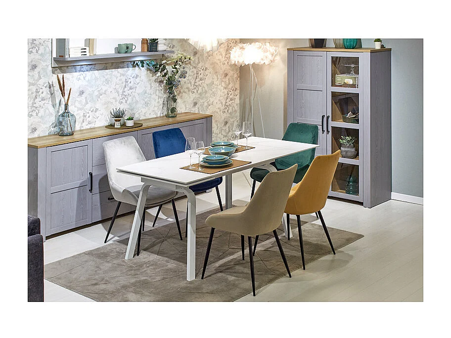 Table extensible 140/200 cm céramique blanc marbré et métal - TOSHIRO