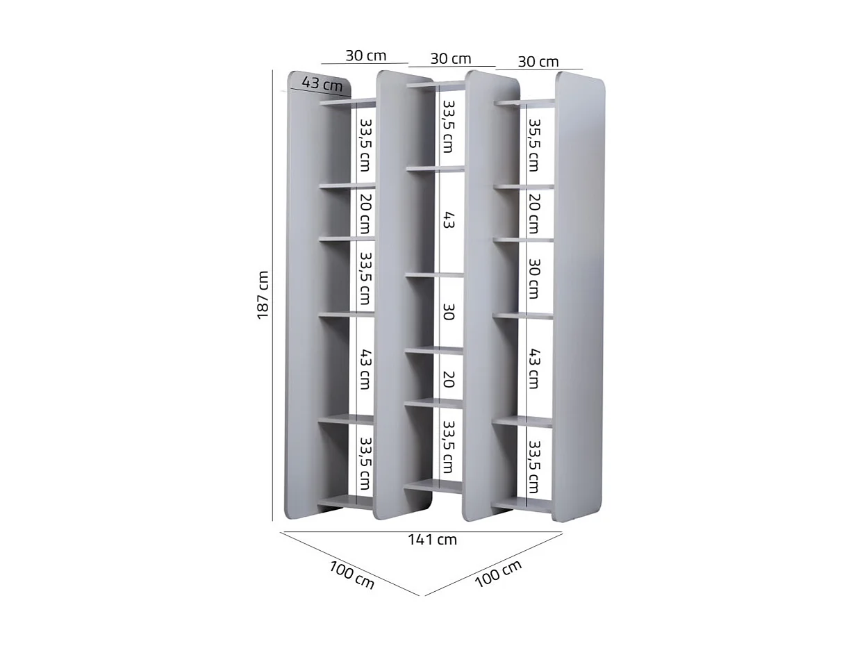 Bibliothèque L.141 cm style paravent gris 18 tablettes – AVALON 8907
