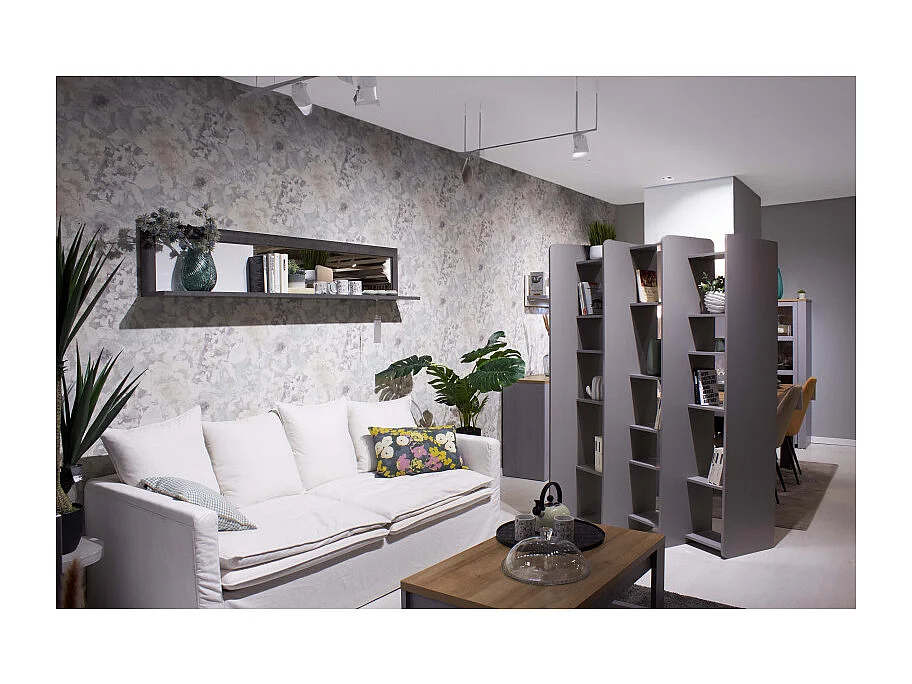 Bibliothèque L.141 cm style paravent gris 18 tablettes – AVALON 8907