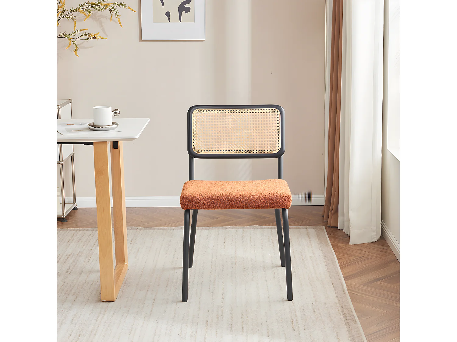 Lot de 2 chaises en métal et bois noir, cannage naturel et tissu bouclé rouille - Paula