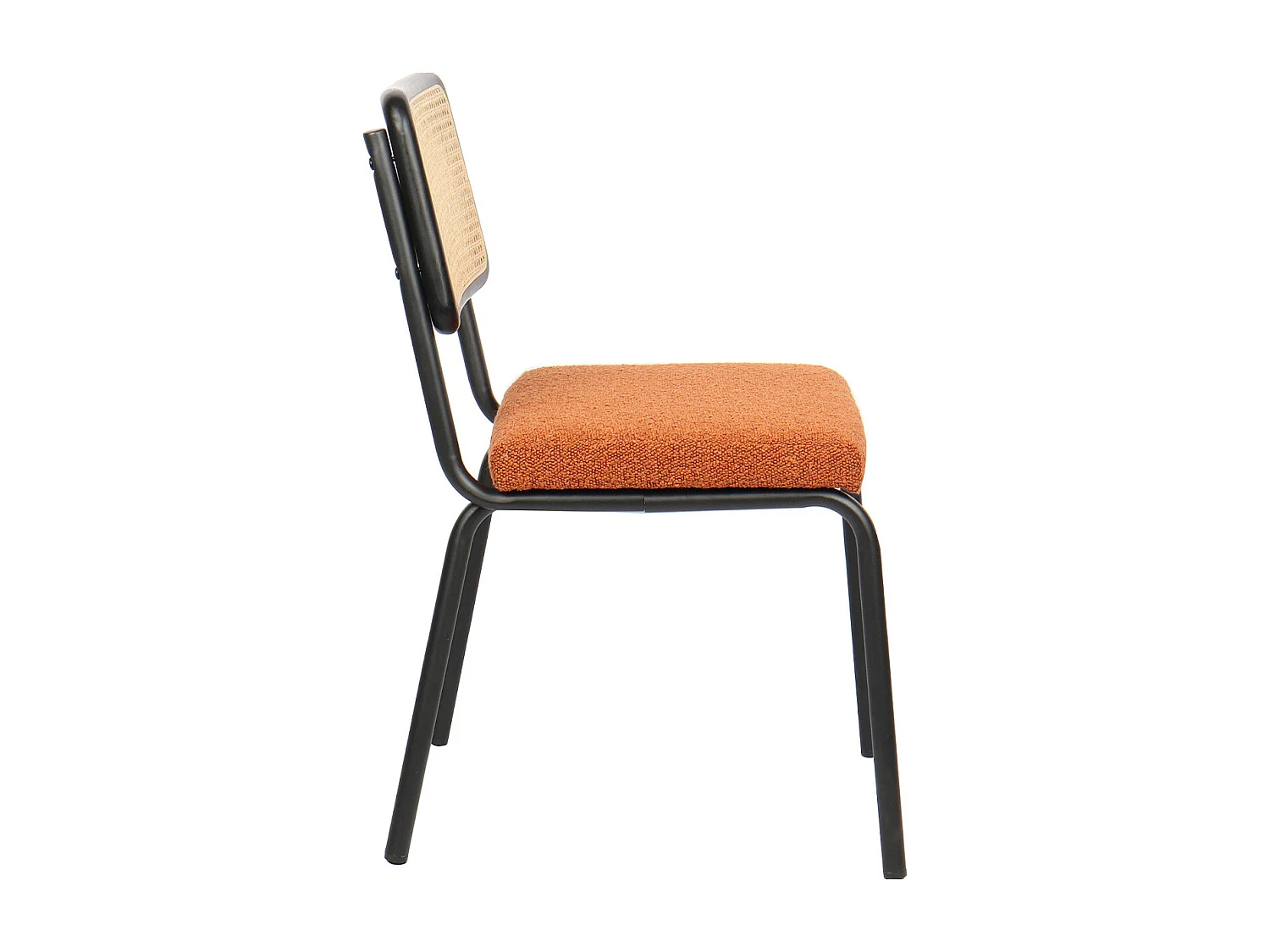 Lot de 2 chaises en métal et bois noir, cannage naturel et tissu bouclé rouille - Paula