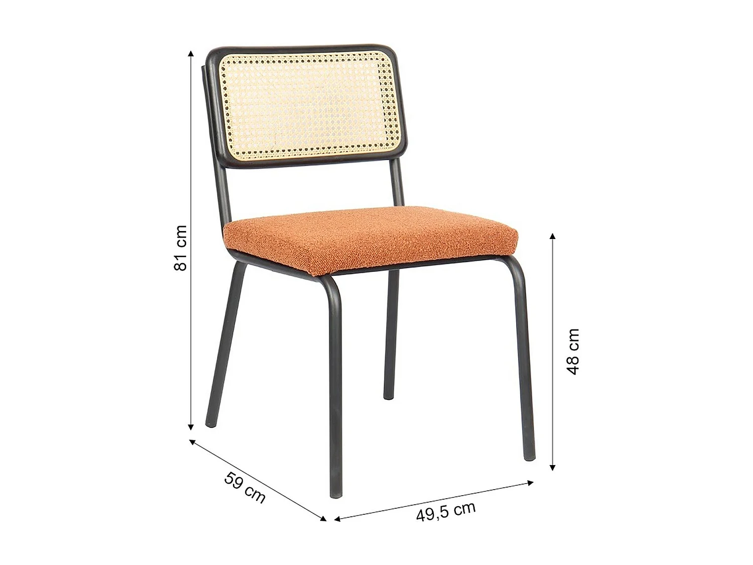 Lot de 2 chaises en métal et bois noir, cannage naturel et tissu bouclé rouille - Paula