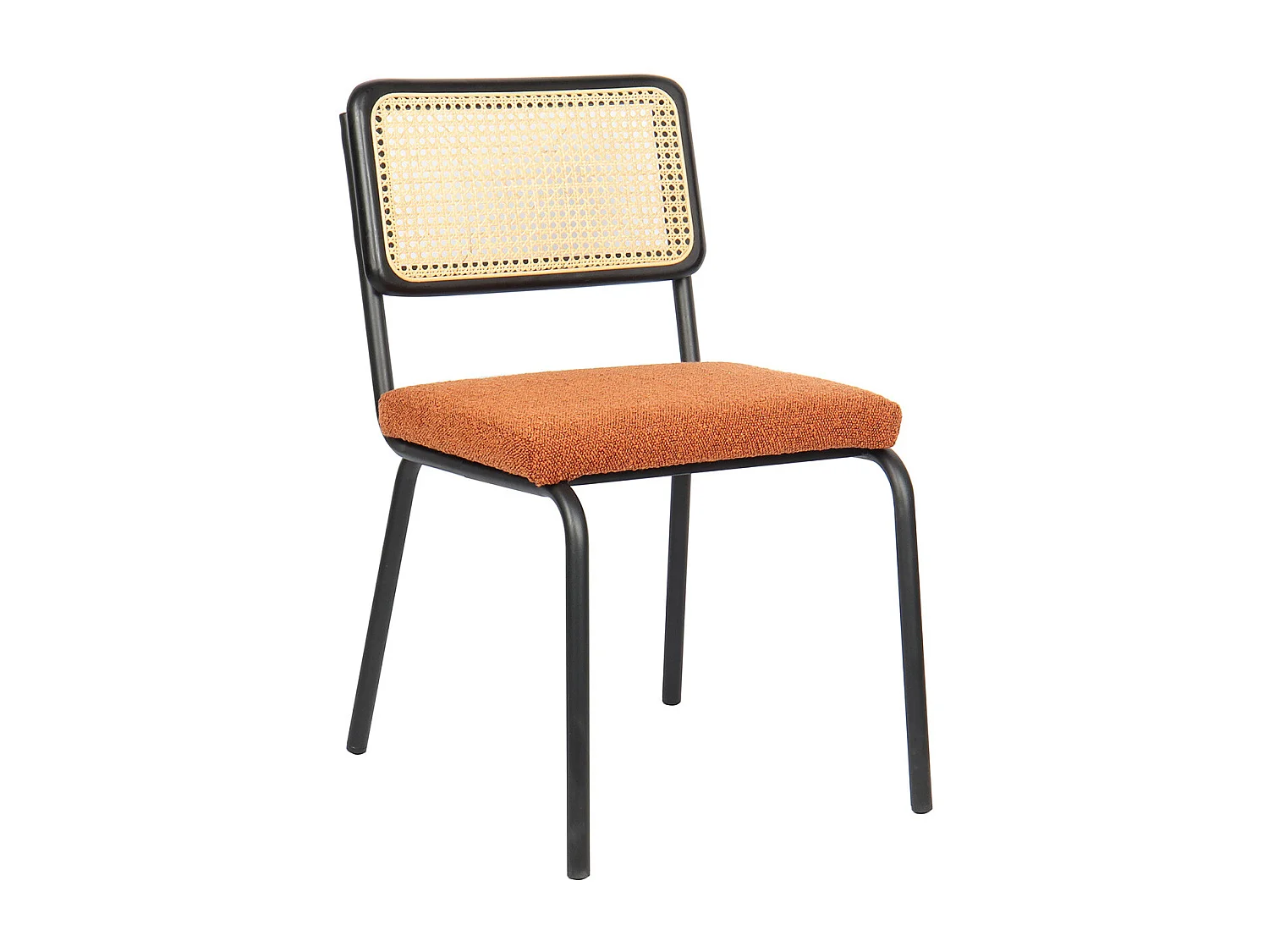 Lot de 2 chaises en métal et bois noir, cannage naturel et tissu bouclé rouille - Paula