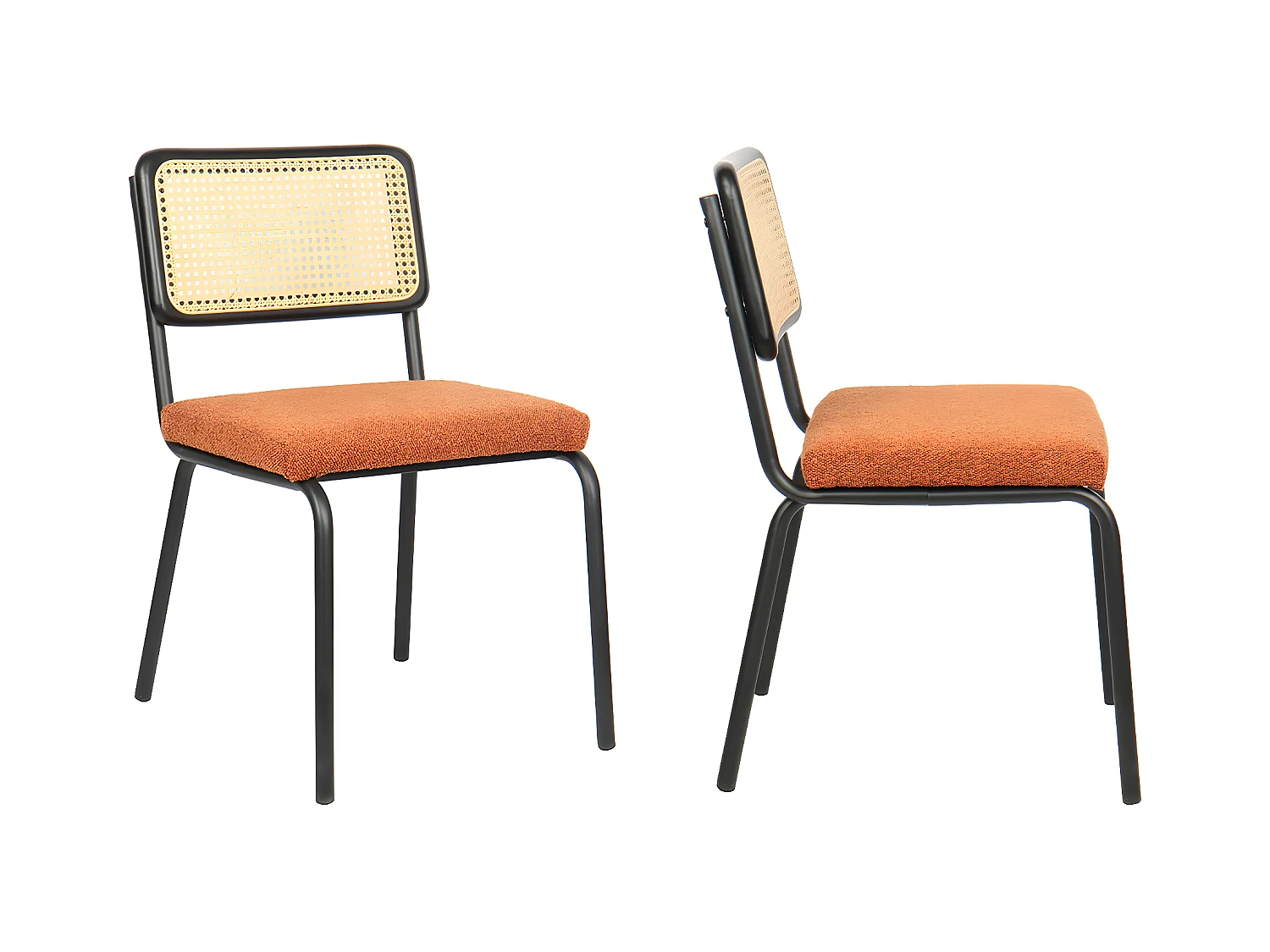 Lot de 2 chaises en métal et bois noir, cannage naturel et tissu bouclé rouille - Paula