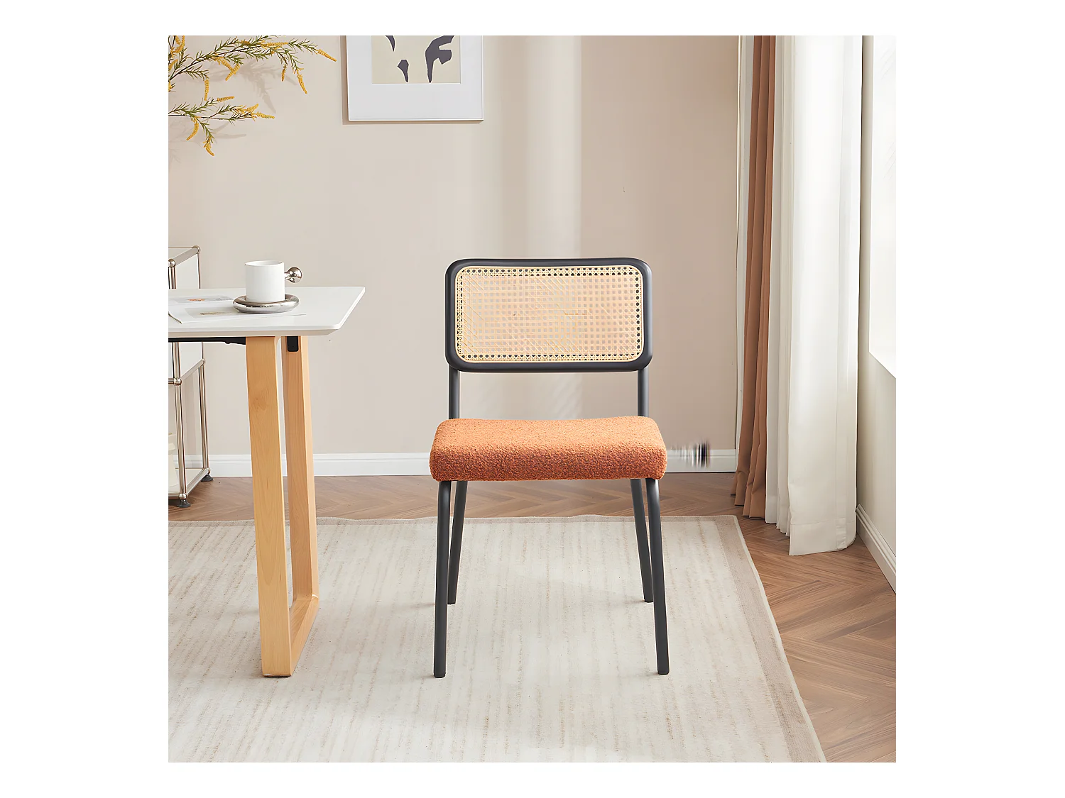 Lot de 2 chaises en métal et bois noir, cannage naturel et tissu bouclé rouille - Paula