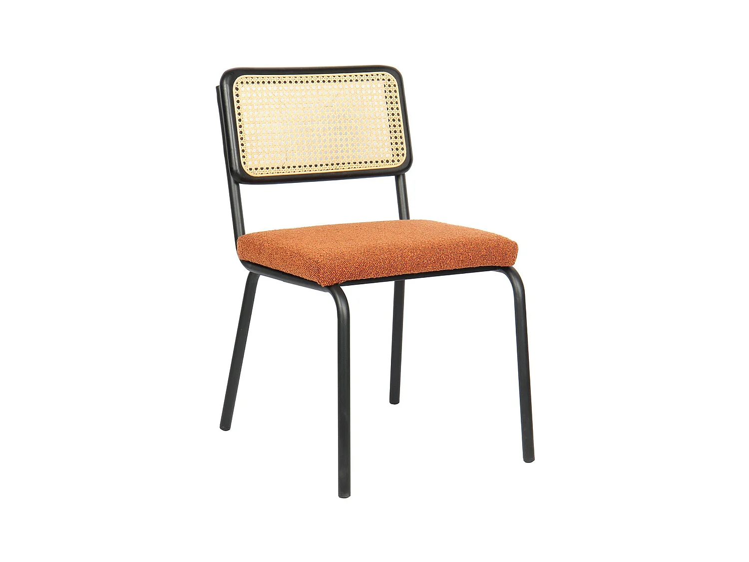 Lot de 2 chaises en métal et bois noir, cannage naturel et tissu bouclé rouille - Paula