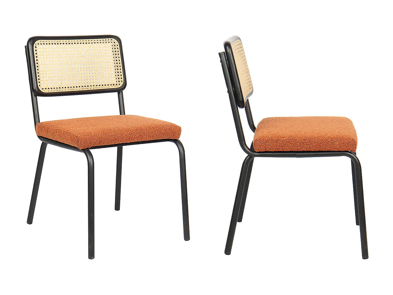 Lot de 2 chaises en métal et bois noir, cannage naturel et tissu bouclé rouille - Paula