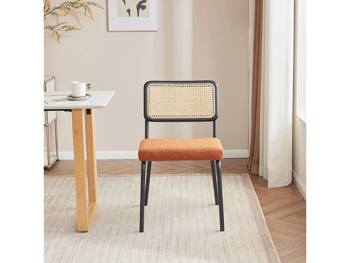 Lot de 2 chaises en métal et bois noir, cannage naturel et tissu bouclé rouille - Paula