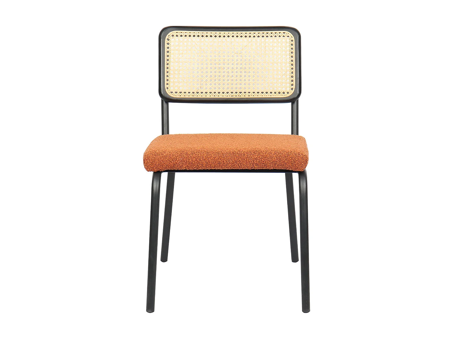 Lot de 2 chaises en métal et bois noir, cannage naturel et tissu bouclé rouille - Paula