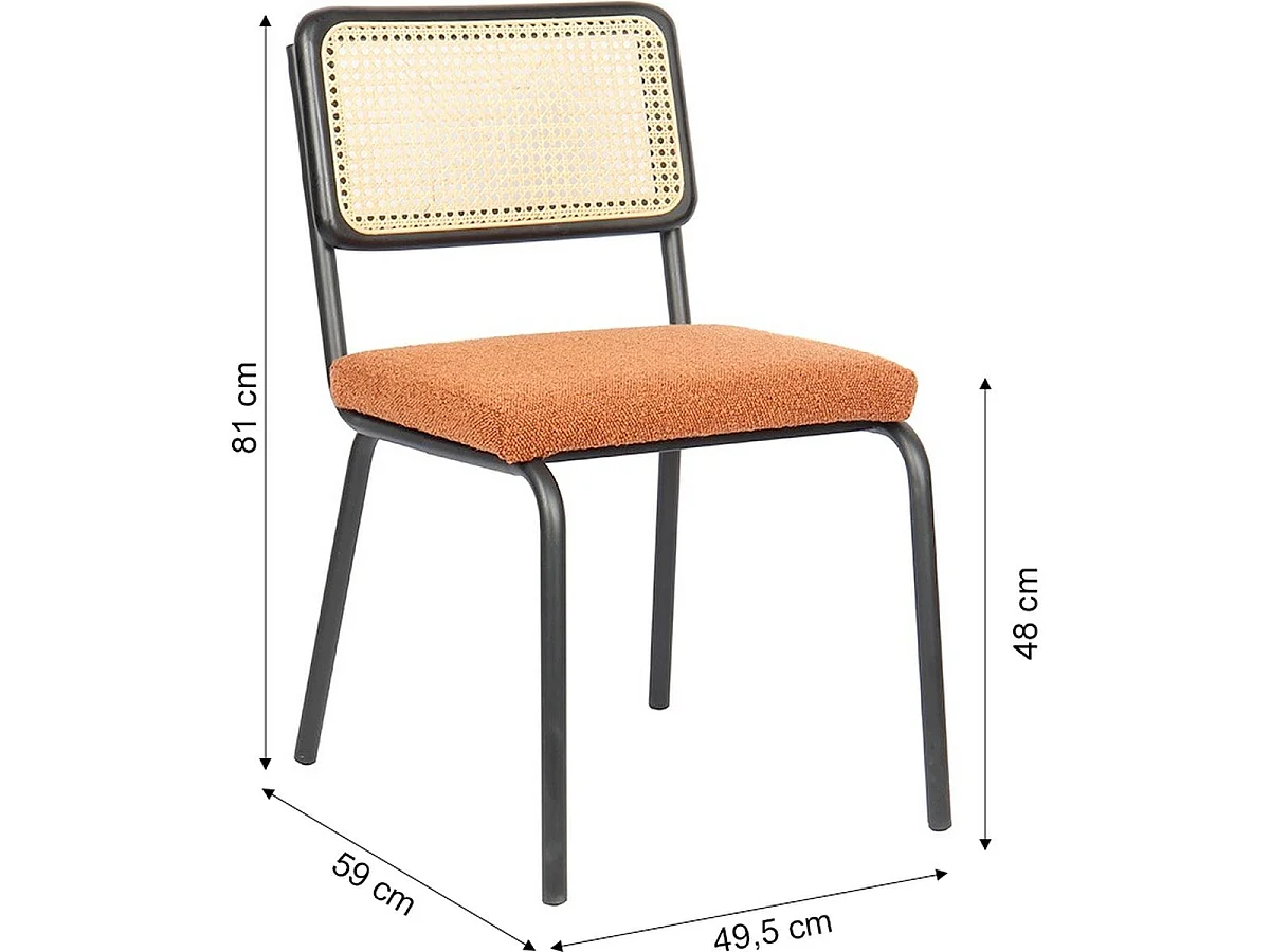 Lot de 2 chaises en métal et bois noir, cannage naturel et tissu bouclé rouille - Paula