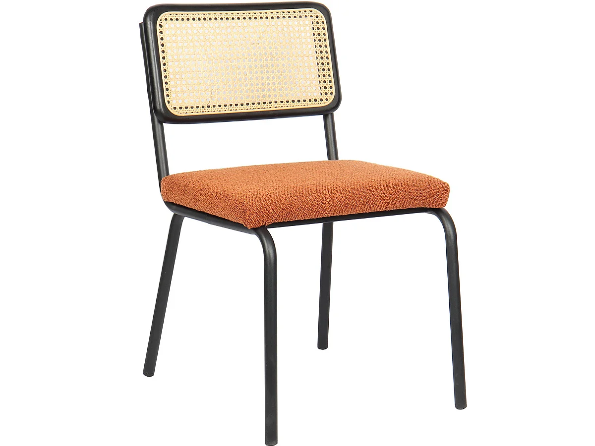 Lot de 2 chaises en métal et bois noir, cannage naturel et tissu bouclé rouille - Paula