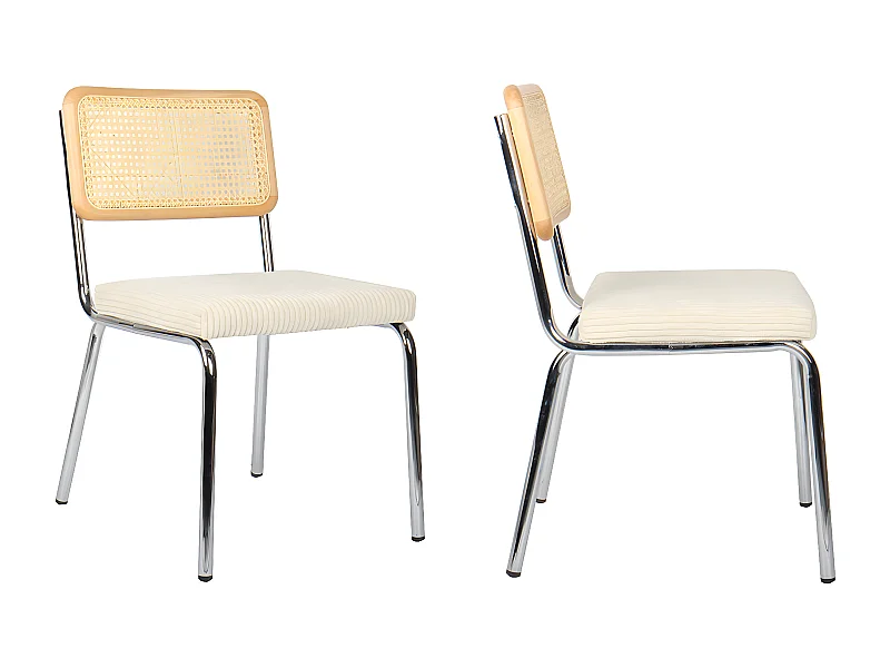 Lot de 2 chaises en métal chromé, cannage naturel et velours côtelé beige - Paula