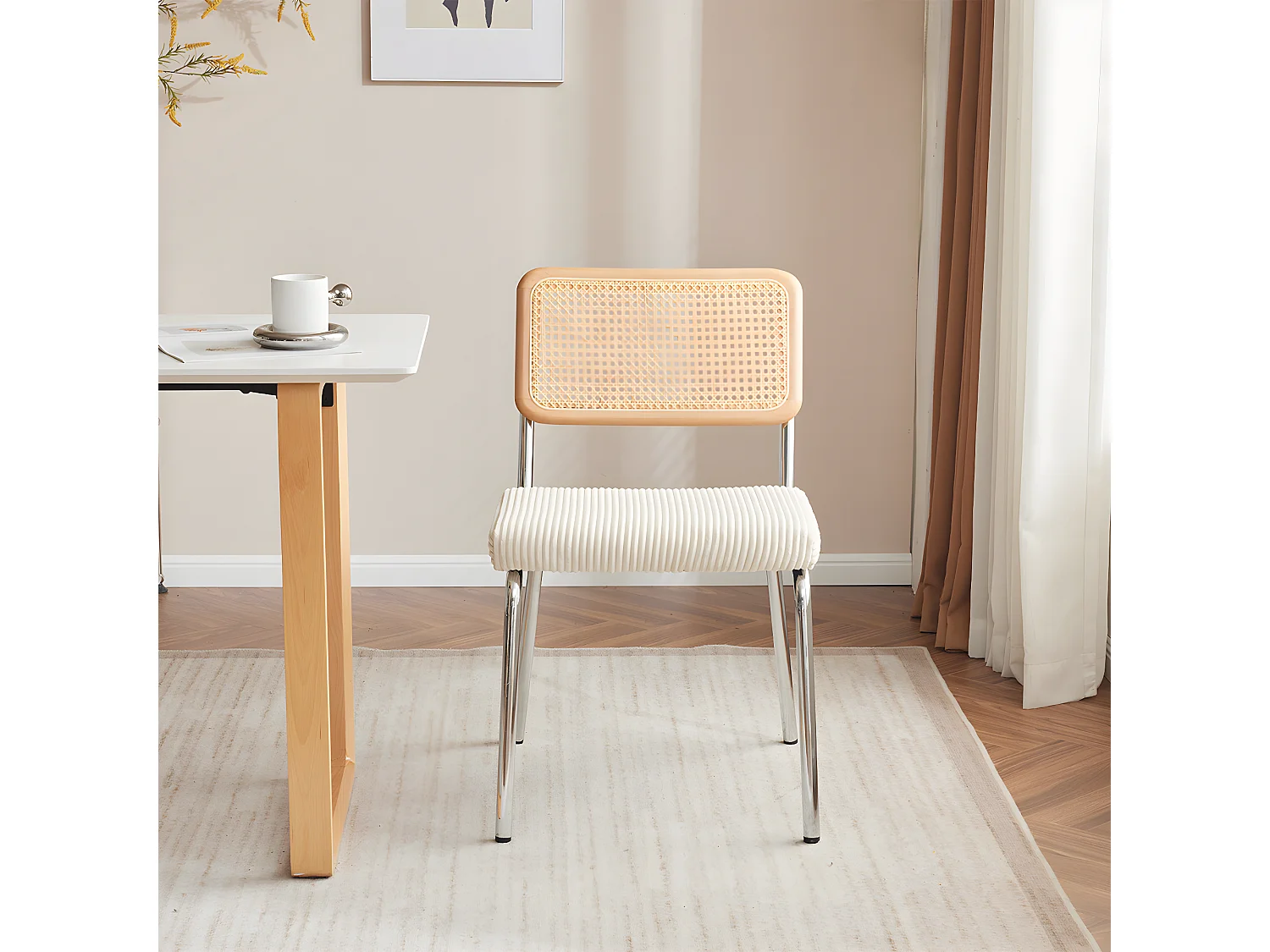 Lot de 2 chaises en métal chromé, cannage naturel et velours côtelé beige - Paula