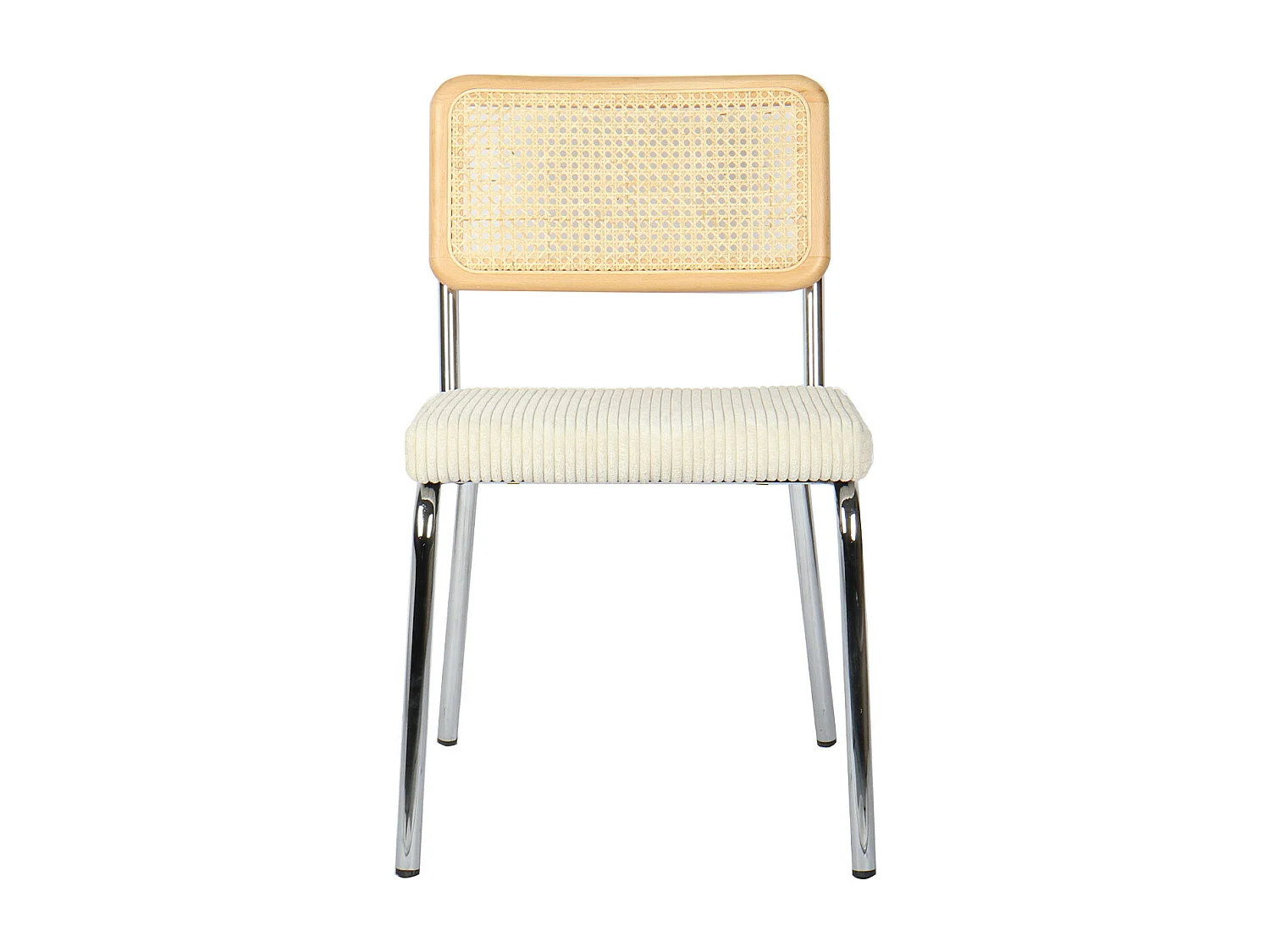 Lot de 2 chaises en métal chromé, cannage naturel et velours côtelé beige - Paula