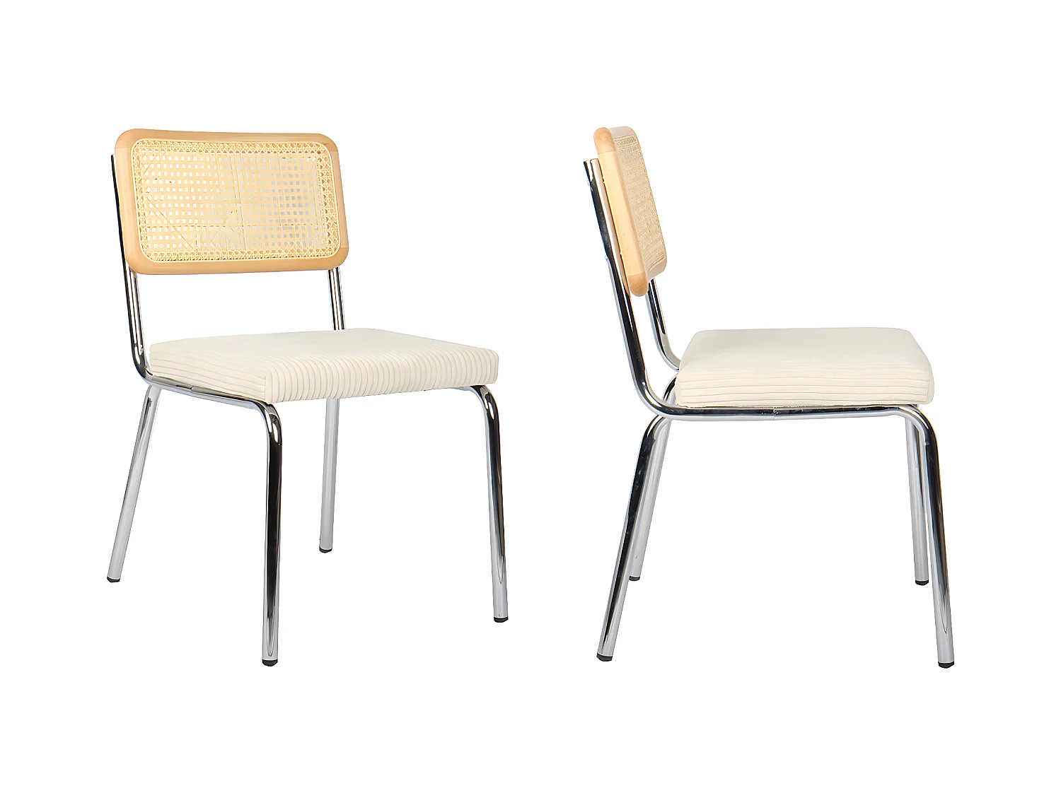 Lot de 2 chaises en métal chromé, cannage naturel et velours côtelé beige - Paula
