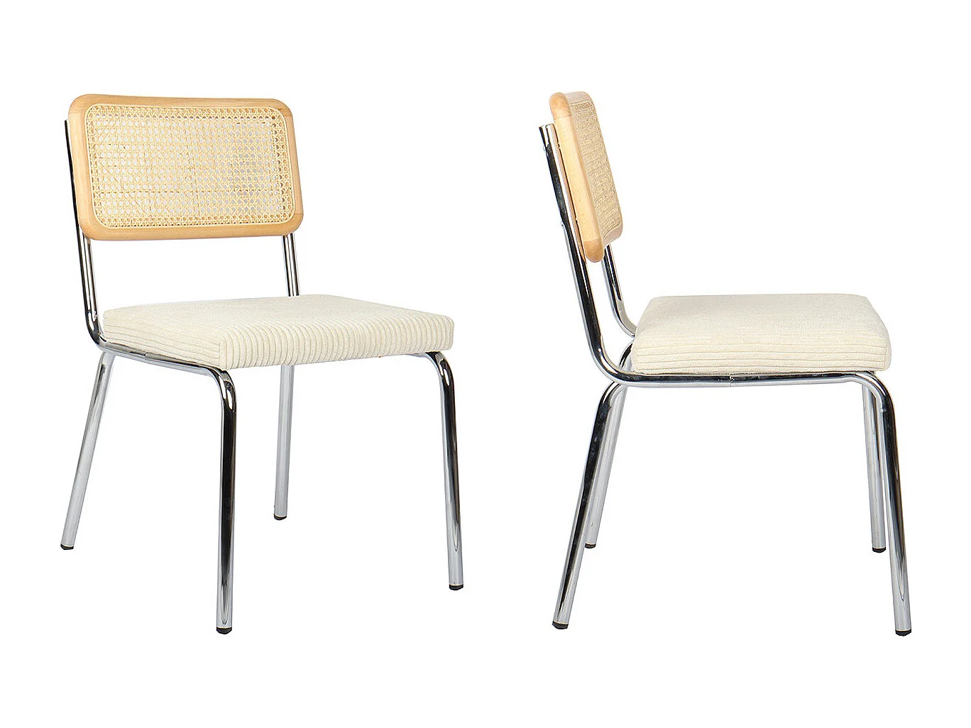 Lot de 2 chaises en métal chromé, cannage naturel et velours côtelé beige - Paula