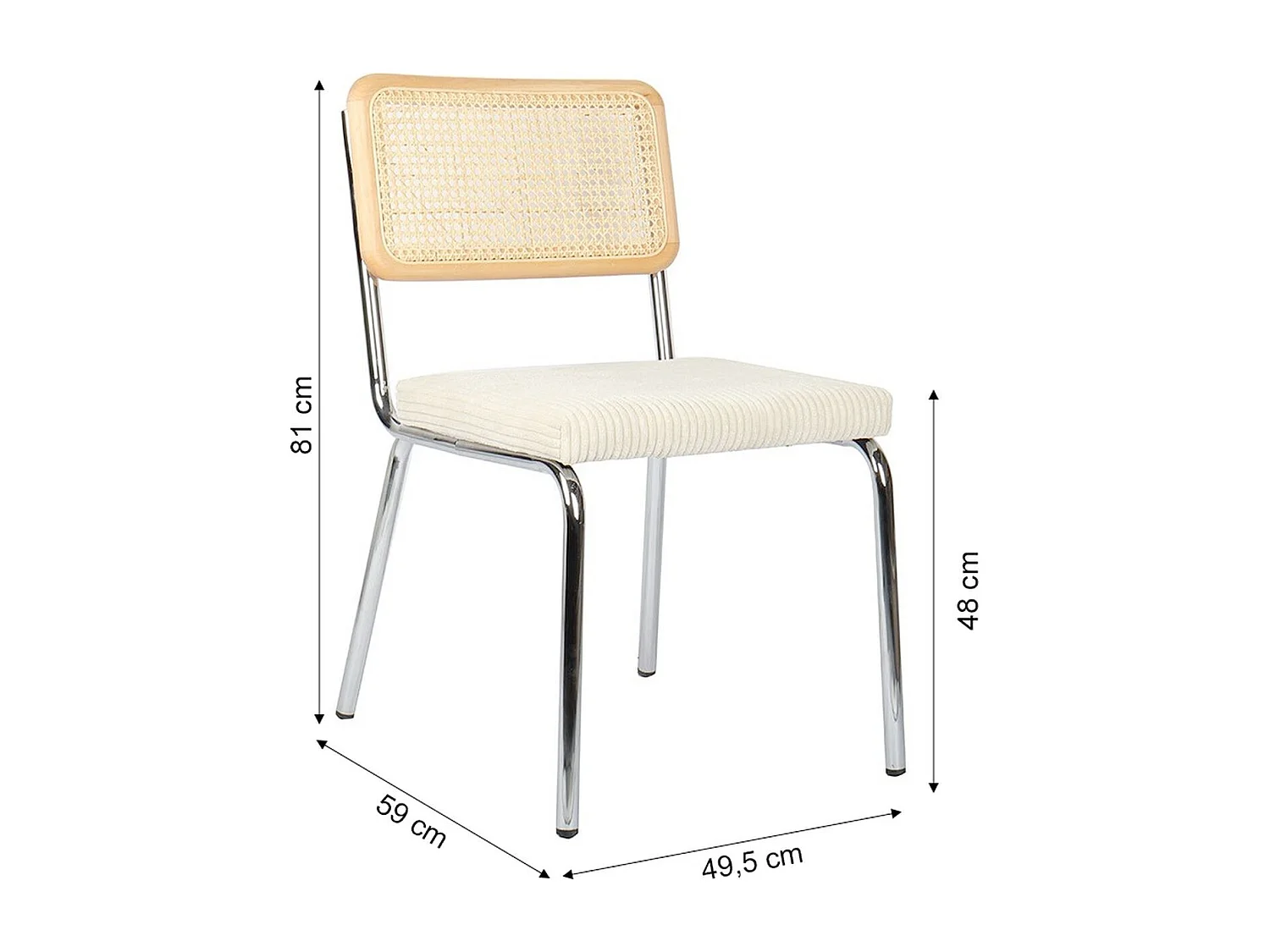 Lot de 2 chaises en métal chromé, cannage naturel et velours côtelé beige - Paula