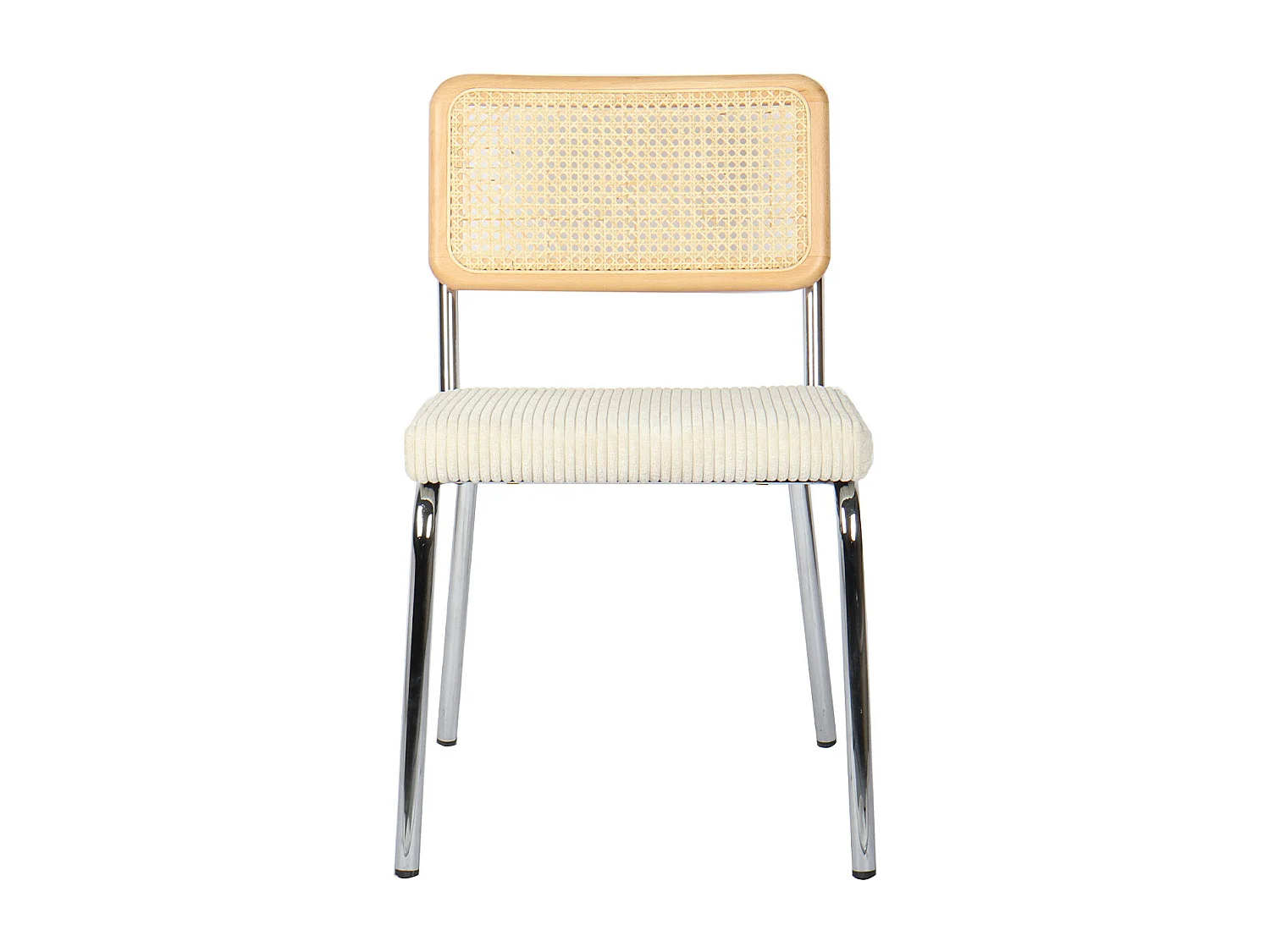 Lot de 2 chaises en métal chromé, cannage naturel et velours côtelé beige - Paula