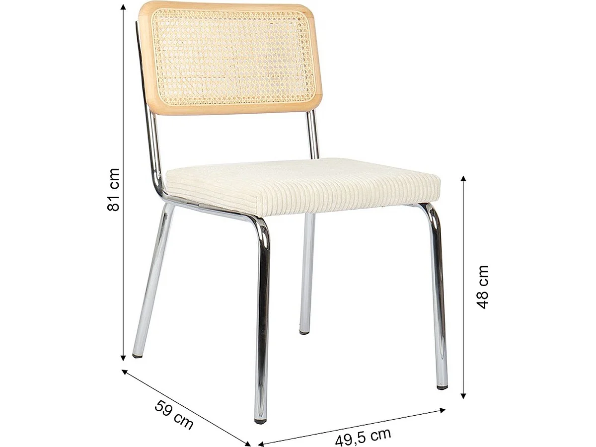 Lot de 2 chaises en métal chromé, cannage naturel et velours côtelé beige - Paula