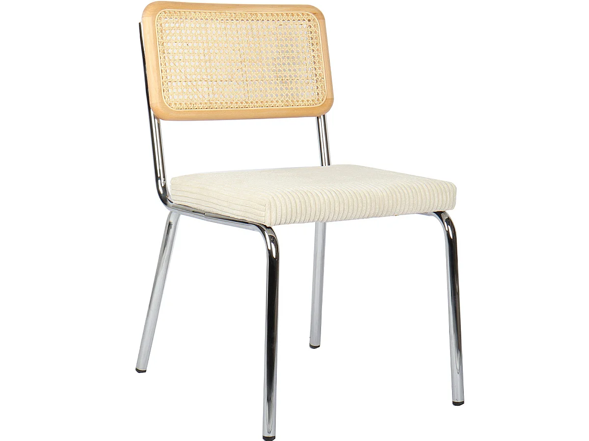 Lot de 2 chaises en métal chromé, cannage naturel et velours côtelé beige - Paula