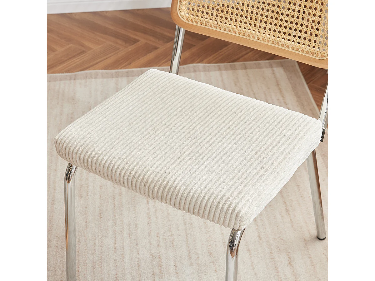 Lot de 2 chaises en métal chromé, cannage naturel et velours côtelé beige - Paula