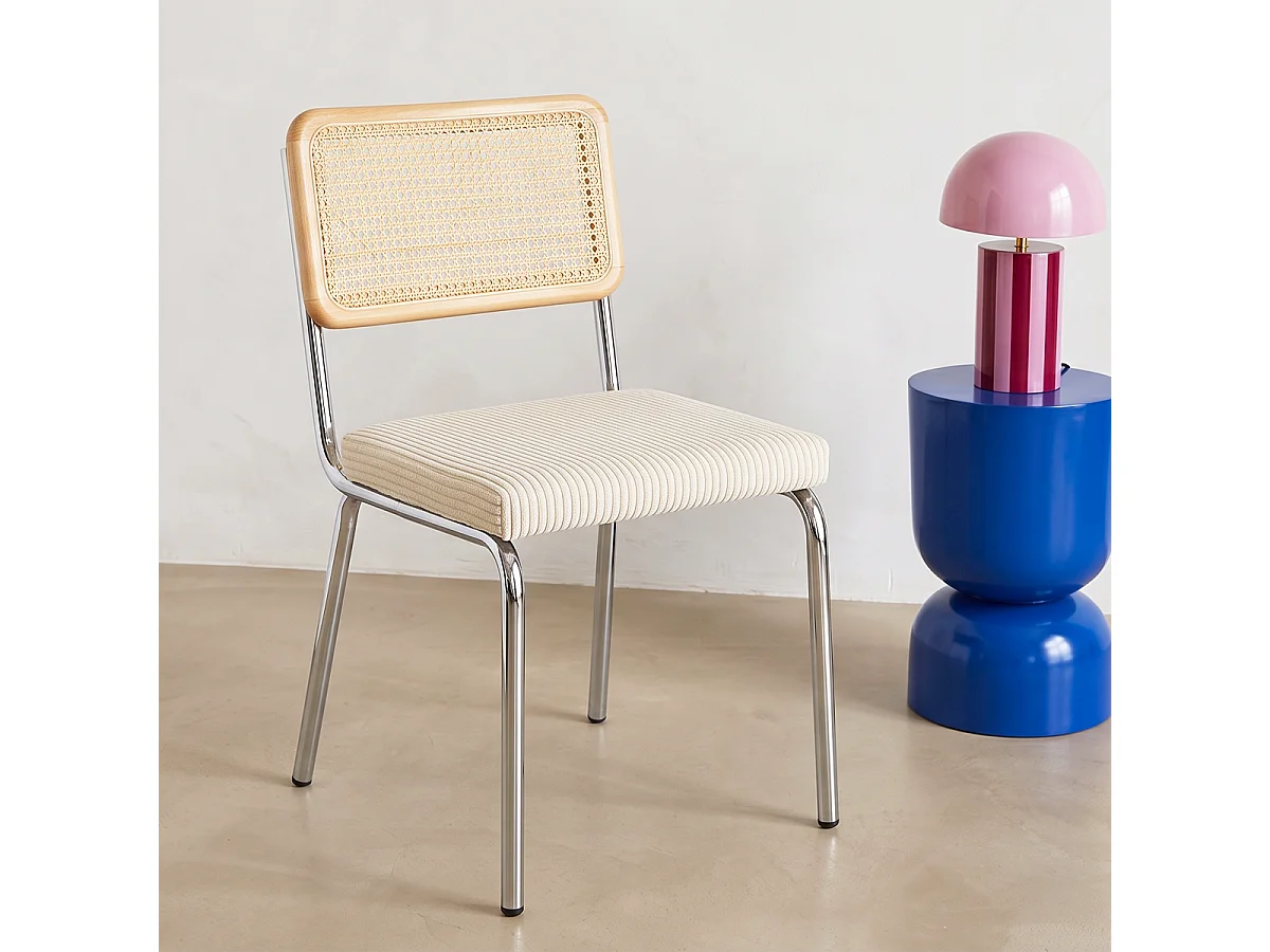 Lot de 2 chaises en métal chromé, cannage naturel et velours côtelé beige - Paula