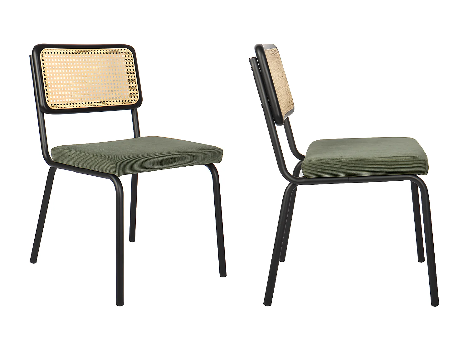Lot de 2 chaises en métal et bois noir, cannage naturel et velours côtelé vert - Paula
