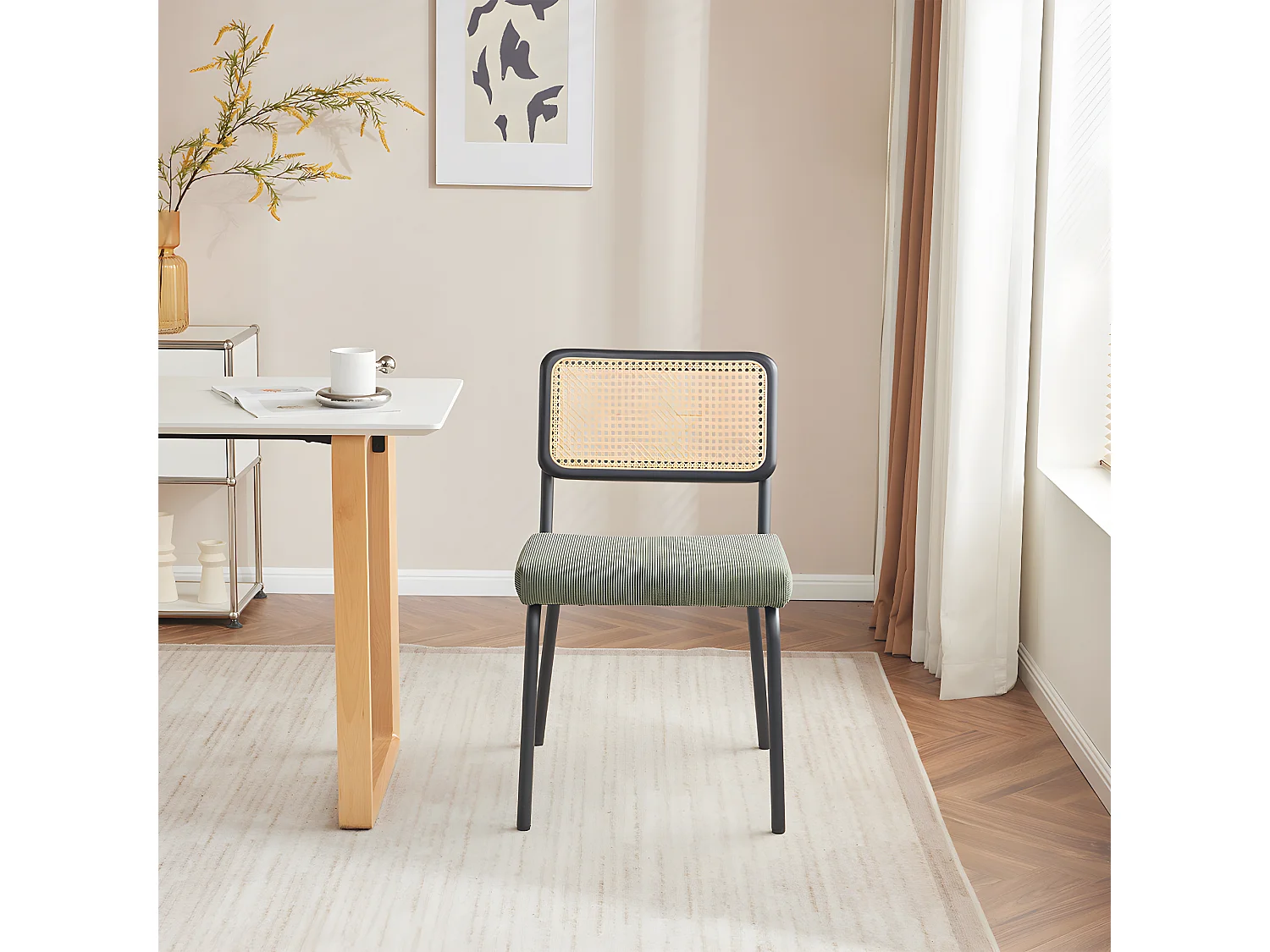 Lot de 2 chaises en métal et bois noir, cannage naturel et velours côtelé vert - Paula