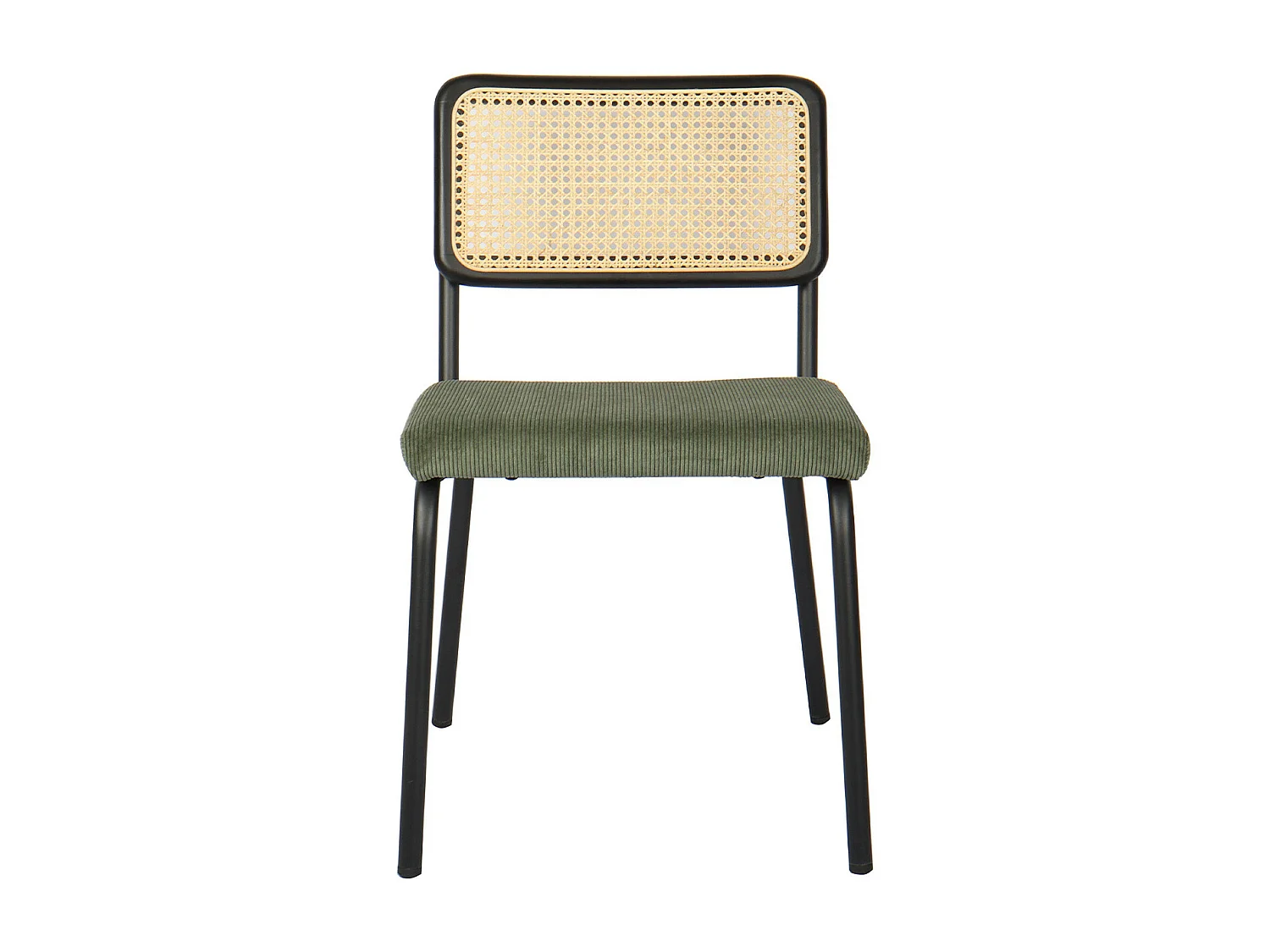 Lot de 2 chaises en métal et bois noir, cannage naturel et velours côtelé vert - Paula