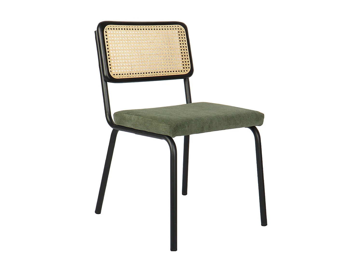 Lot de 2 chaises en métal et bois noir, cannage naturel et velours côtelé vert - Paula