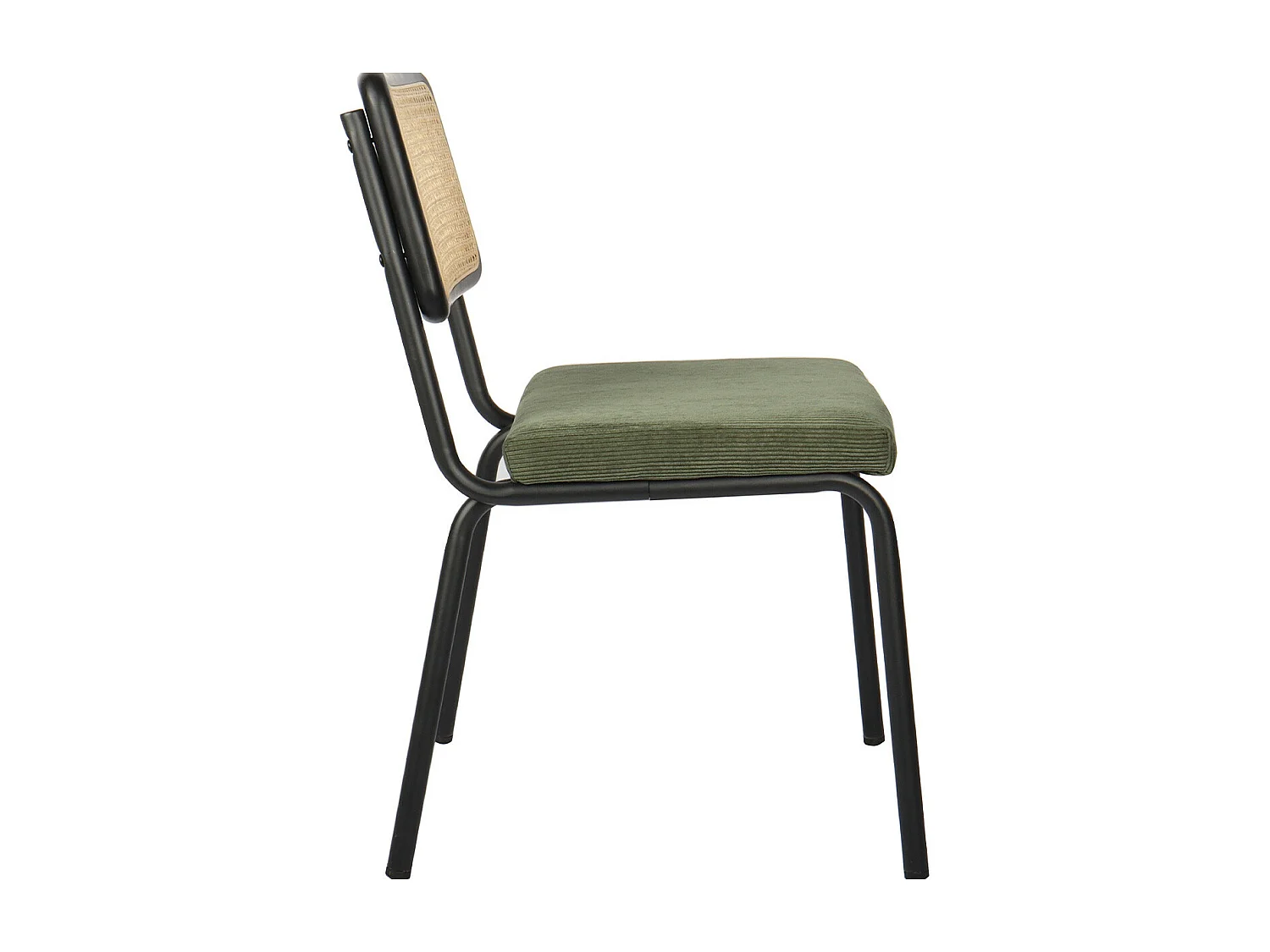 Lot de 2 chaises en métal et bois noir, cannage naturel et velours côtelé vert - Paula