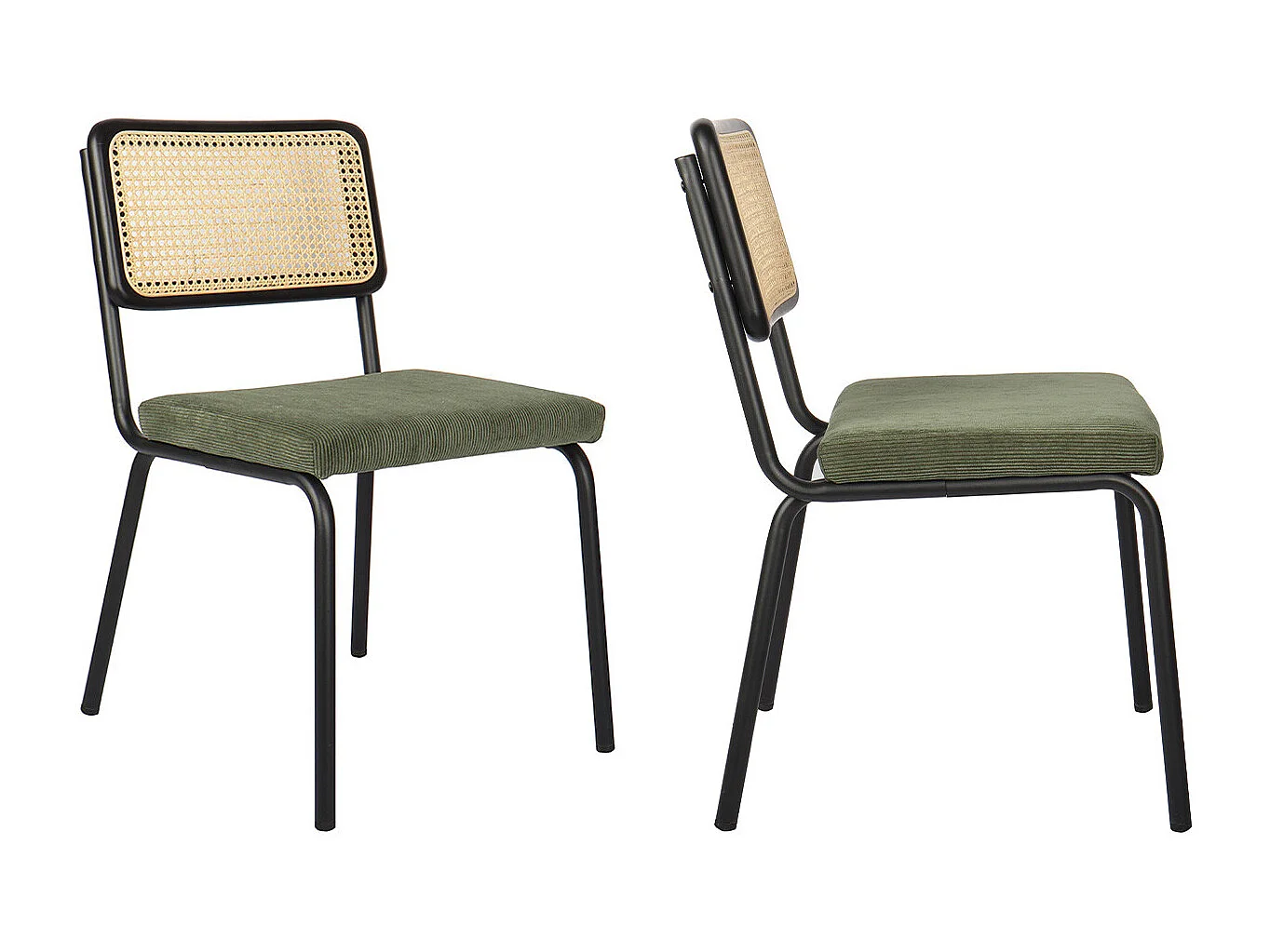 Lot de 2 chaises en métal et bois noir, cannage naturel et velours côtelé vert - Paula