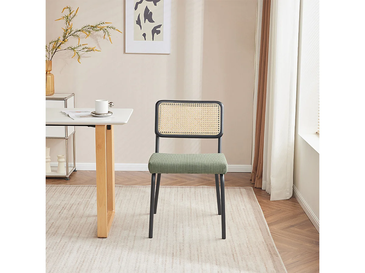 Lot de 2 chaises en métal et bois noir, cannage naturel et velours côtelé vert - Paula