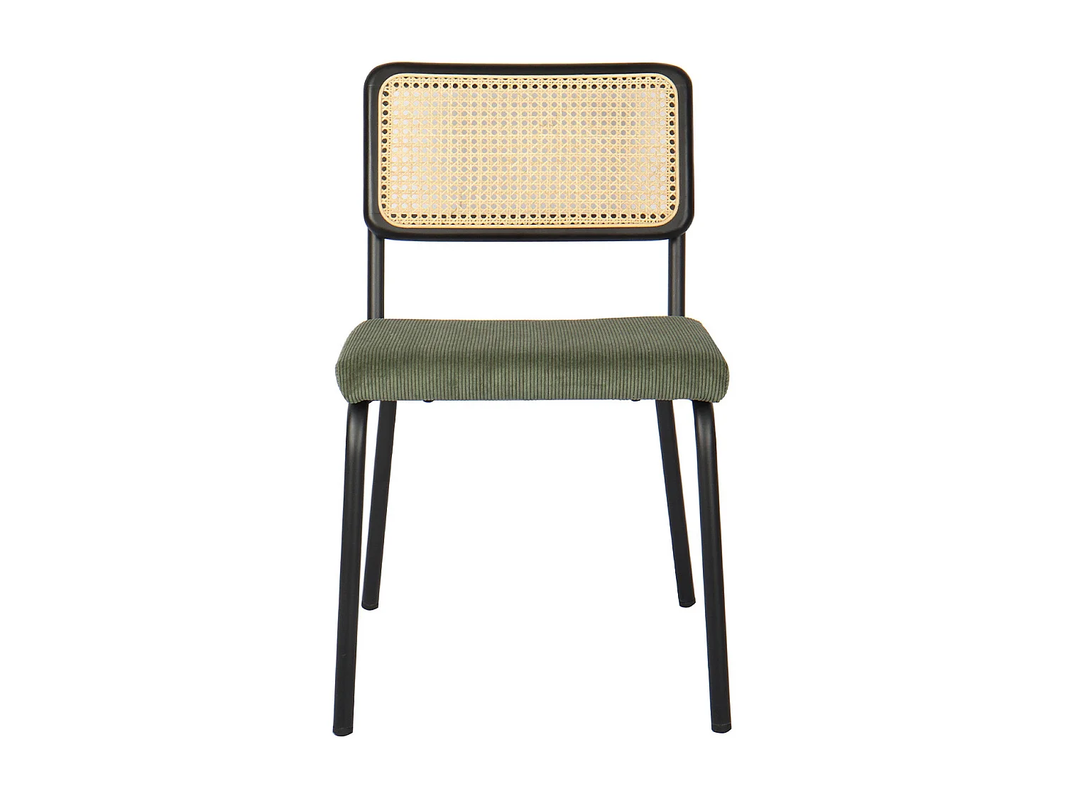 Lot de 2 chaises en métal et bois noir, cannage naturel et velours côtelé vert - Paula