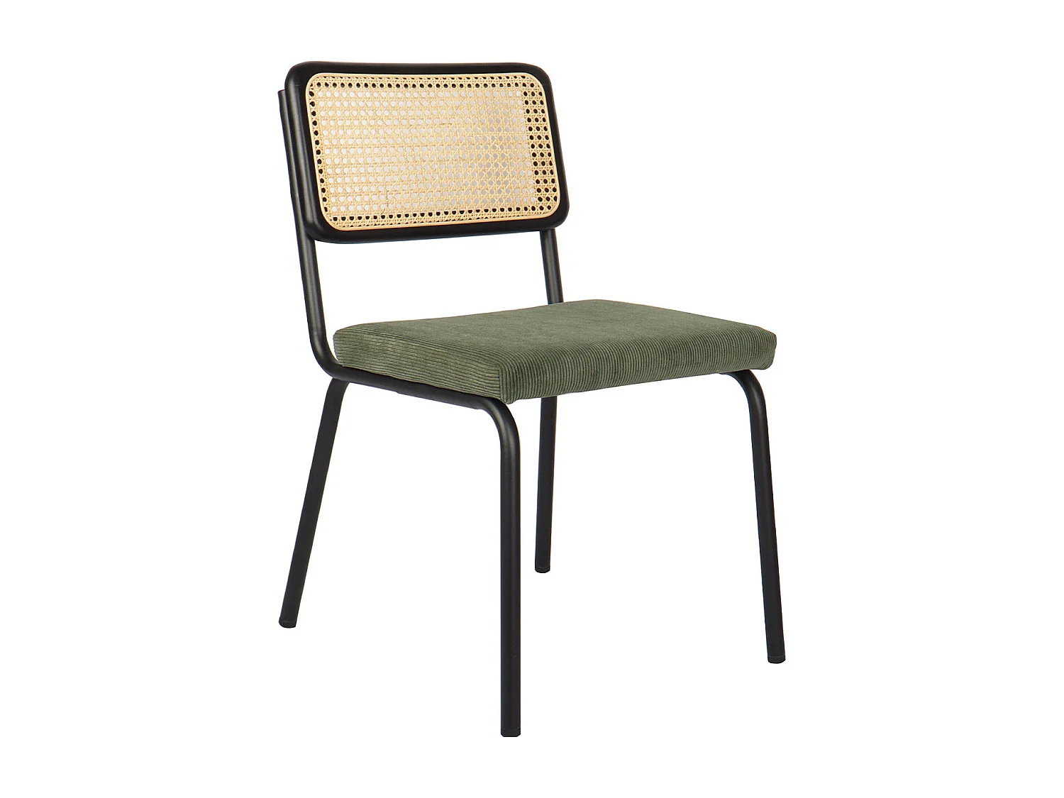 Lot de 2 chaises en métal et bois noir, cannage naturel et velours côtelé vert - Paula