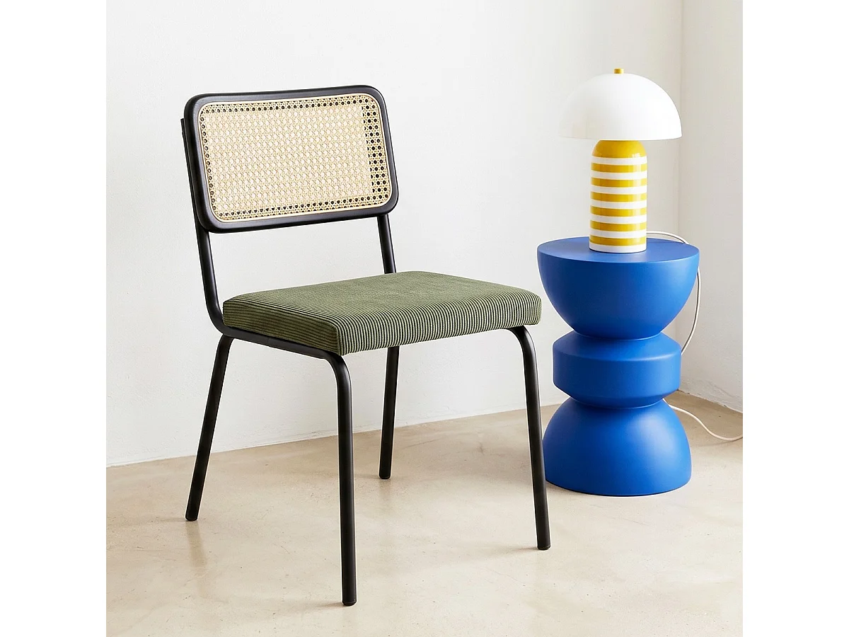 Lot de 2 chaises en métal et bois noir, cannage naturel et velours côtelé vert - Paula